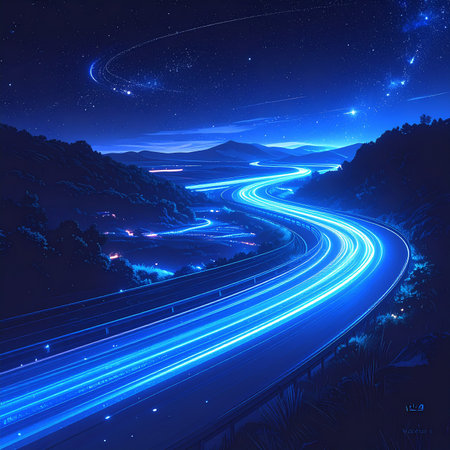 Night road with light trails, abstract background, 3d illustration.の素材