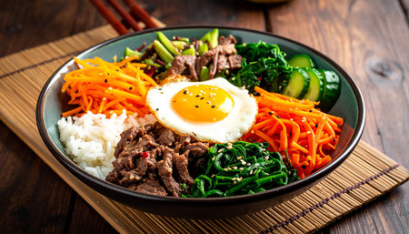 Bibimbap - japanese rice bowl with beef and vegetablesの素材