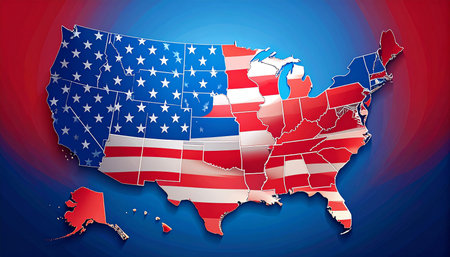 Map of USA with American flag on blue background. Vector illustration.の素材