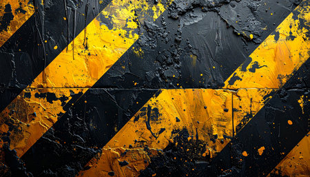 Grunge yellow and black stripes on a black wall background.の素材