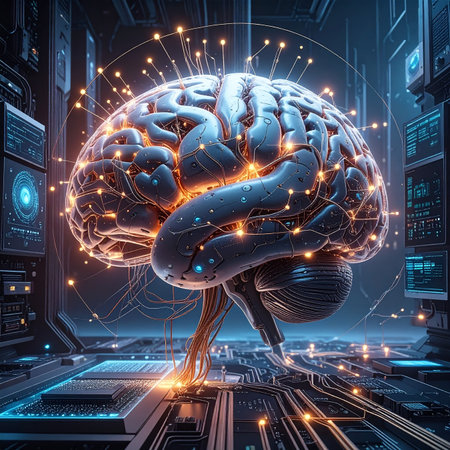 Human brain with glowing connections and microcircuit. 3D renderingの素材