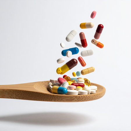 Colorful pills falling from wooden spoon on white background. Medicine and health care conceptの素材