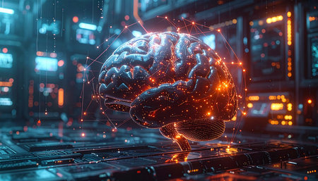 Human brain with glowing connections. Technology and science concept. 3D Renderingの素材