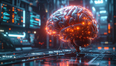 3d rendering of human brain with glowing lights and computer background.の素材