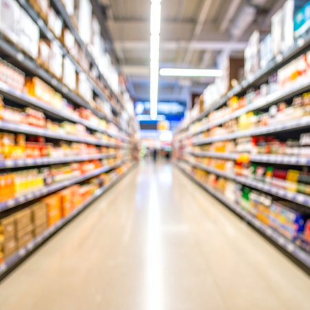 Supermarket blur background with bokeh defocused lights and shadowの素材