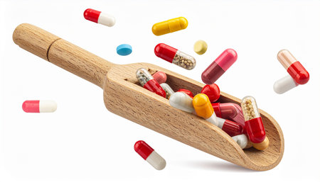 Wooden scoop full of colorful pills and capsules isolated on white backgroundの素材