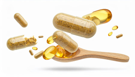 Capsules of fish oil in wooden spoon, isolated on white backgroundの素材