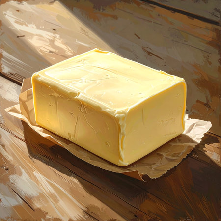 A piece of butter on a wooden background. 3d illustration.の素材