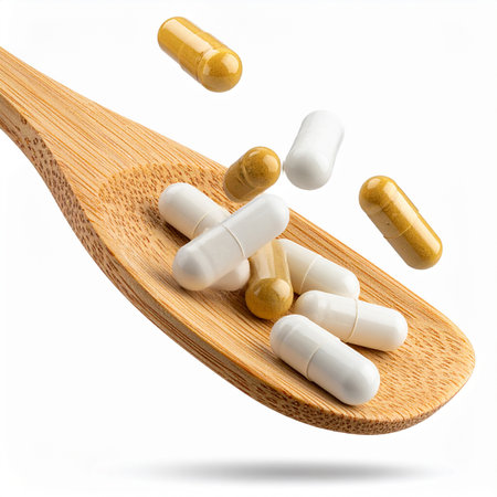 Wooden spoon with white and yellow pills on a white background.の素材
