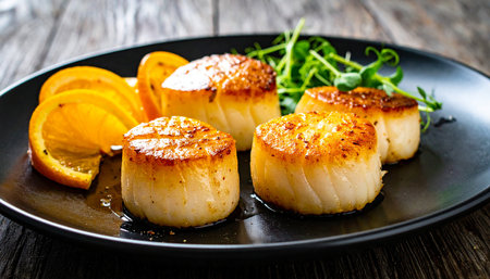 Grilled scallops with arugula and orange on plateの素材
