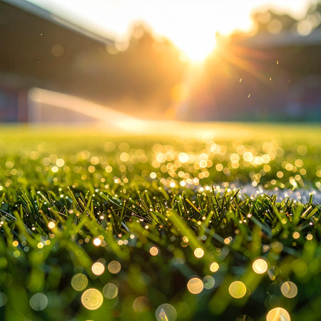 Green grass with dew drops on the football field with sunlight backgroundの素材