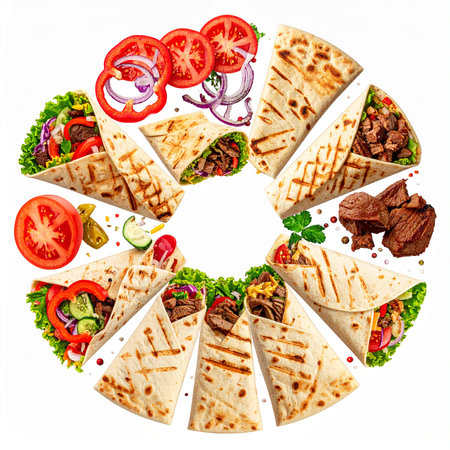 Tortilla wrap with meat and vegetables isolated on white background. Top view.の素材