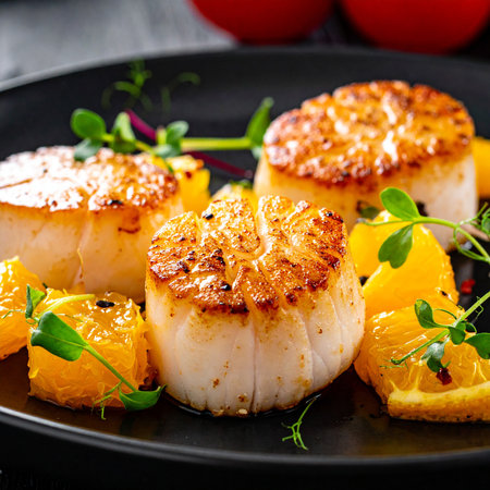 Fried scallops with tangerines on a black plate.の素材