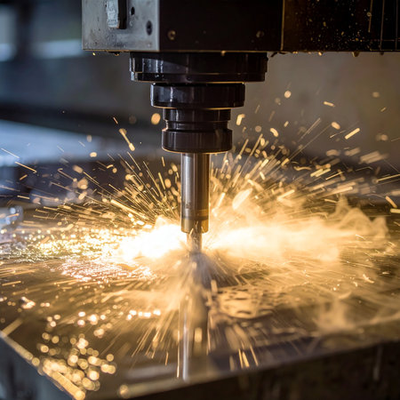 The CNC milling machine cutting the sheet metal with sparks.の素材