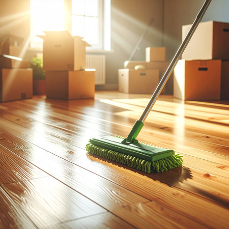Mop cleaning wooden floor with cardboard boxes in new house. Real estate conceptの素材