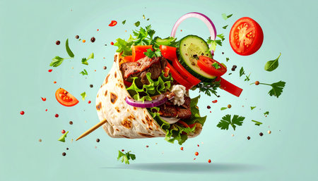 Kebab with vegetables flying in air on turquoise backgroundの素材