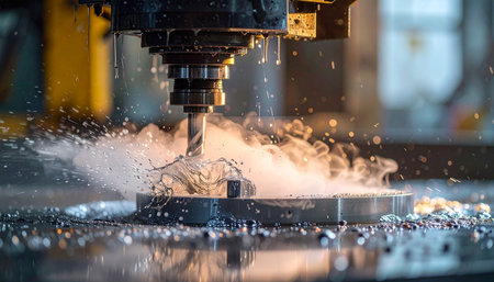 The CNC milling machine cutting the sheet metal with the sparking light. The hi-technology mold and die manufacturing process.の素材