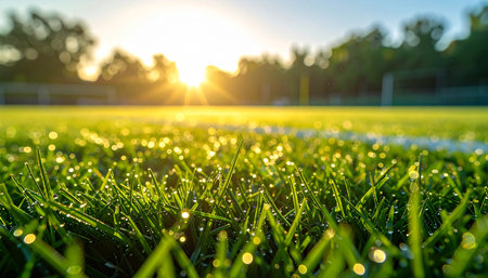 Morning dew on the green grass of a football field in the sunlightの素材