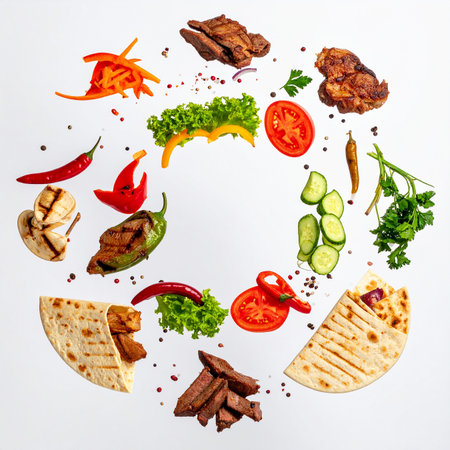 Grilled meat, vegetables and pita bread on a white backgroundの素材