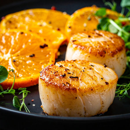 Grilled scallops with tangerines and microgreensの素材