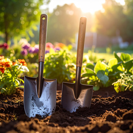 Garden tools on soil in sunlight. Gardening and agriculture conceptの素材