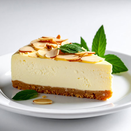 Cheesecake with almonds and mint on a white plate, squareの素材