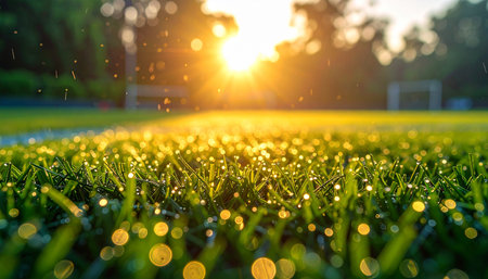 Green grass with dew drops on football field with sunlight background.の素材