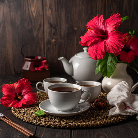 Cup of tea with red hibiscus flowers on dark wooden backgroundの素材