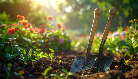 Gardening tools in the garden. Gardening and agriculture concept.の素材