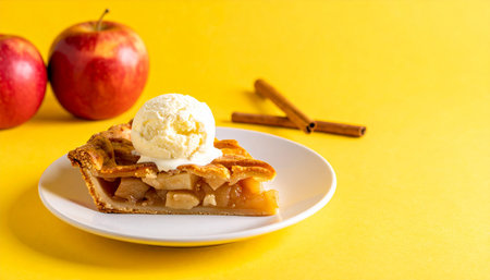 Apple pie with ice cream on a yellow background. Copy space.の素材