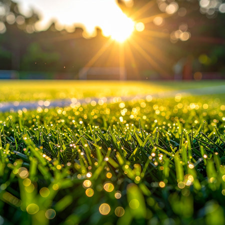 Morning dew on the green grass of football field with sunlight.の素材