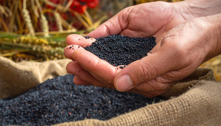 Poppy seeds in the hands of a farmer on a wheat fieldの素材
