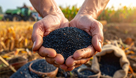 Farmer hands holding a handful of black quinoa seed in the fieldの素材