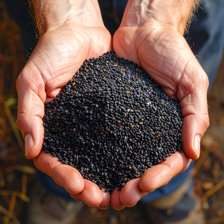 Farmer holding black sesame seeds in his hands, closeupの素材