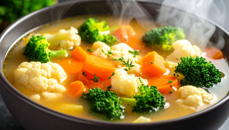 Vegetable soup with cauliflower, carrots and broccoli in bowlの素材