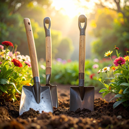 Gardening tools in the garden. Gardening concept background.の素材