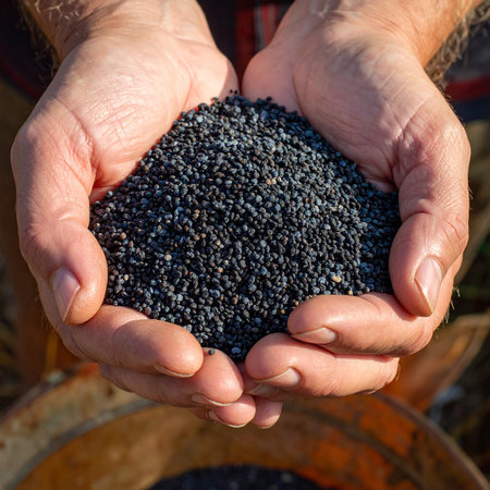 Farmer holding poppy seeds in his hands. Close-up.の素材