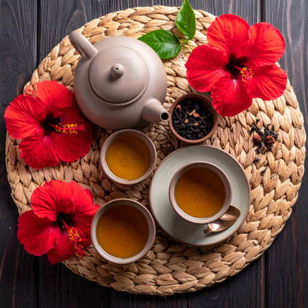 tea with red hibiscus flowers on a wooden backgroundの素材