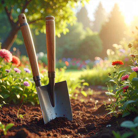 Gardening tools on the ground in the garden. Gardening concept.の素材