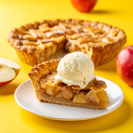 Apple Pie with Ice Cream on Yellow Background. Selective focus.の素材