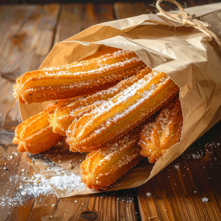Churros in a paper bag on a wooden table. Close upの素材