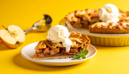 Apple pie with ice cream on yellow background. Selective focus.の素材