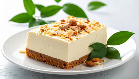 Cheesecake with almonds and green leaves on a white background.の素材