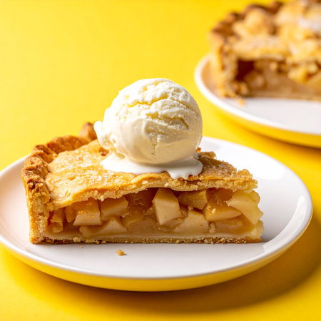 Apple pie with ice cream on yellow background. Selective focus.の素材