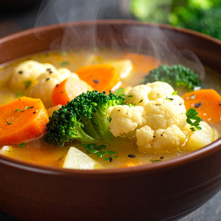 Vegetable soup with cauliflower, carrot and potato in bowlの素材