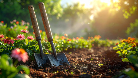 Gardening tools on the soil with flowers in the garden.の素材