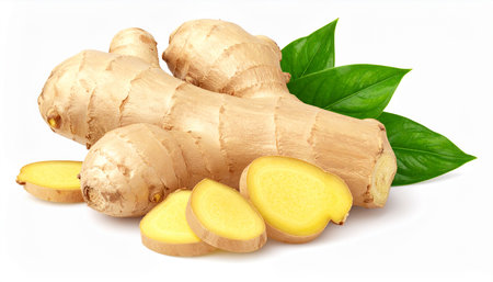 Ginger root and slices isolated on white background with clipping path.の素材