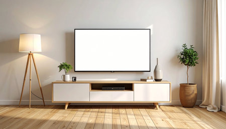 TV on cabinet in modern living room with wooden floor - 3d renderingの素材