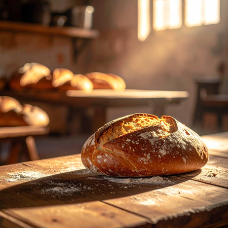 Freshly baked bread on a wooden table. Bakery background.の素材