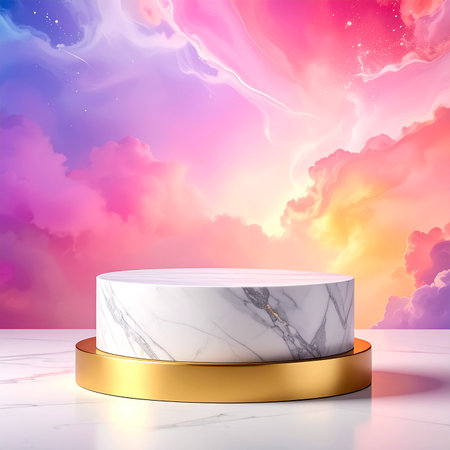 3d render of white marble podium on background of colorful sky with cloudsの素材